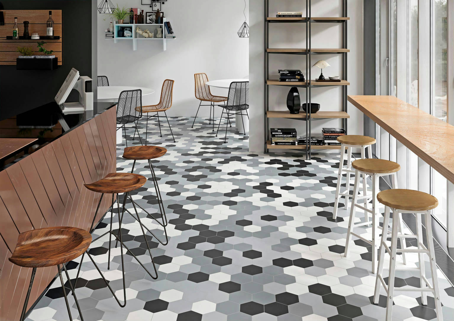 Vida 5.5X6.3” Black, Grey, Pearl, and White  Hexagons | Garcia Imported Tile